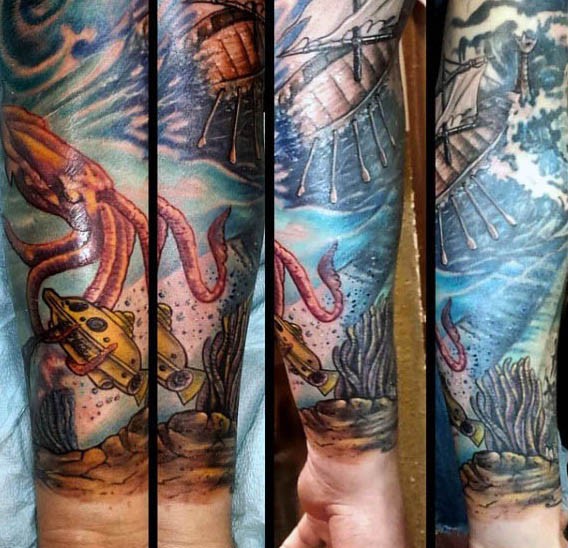手臂华丽的彩色航海主题鱿鱼和船舶纹身图案