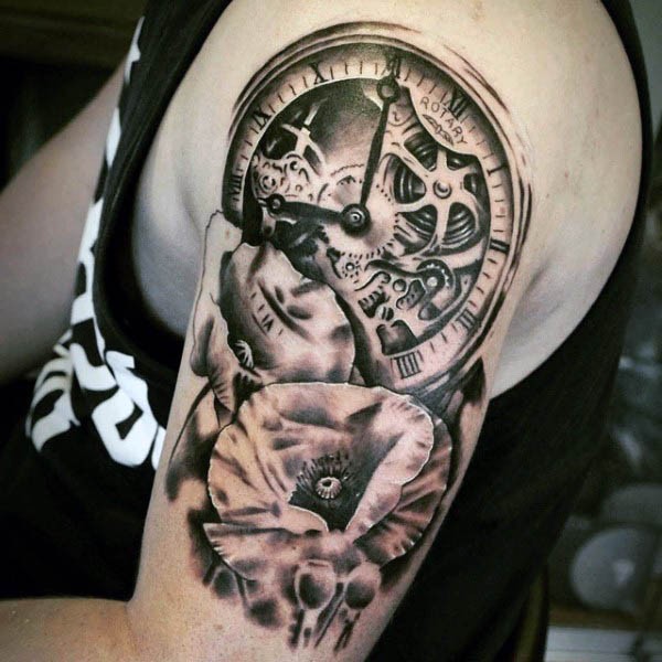 非常逼真的黑白机械时钟与花朵手臂纹身图案