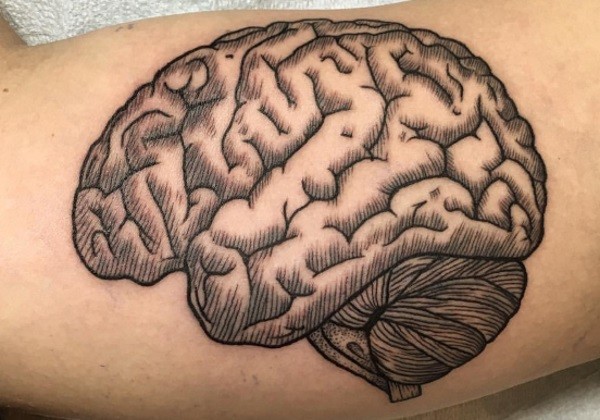 大臂雕刻风格黑色线条人大脑纹身图案