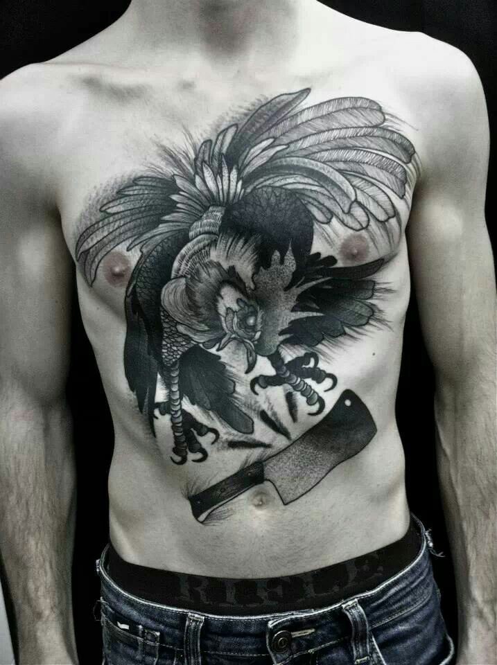 胸部雕刻风格黑色邪恶的公鸡与刀纹身图案