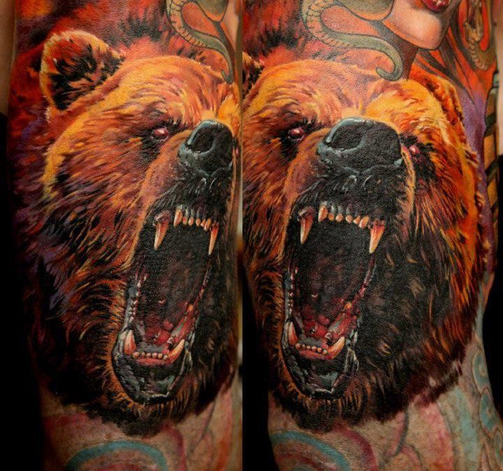 令人敬畏的彩色熊头纹身图案