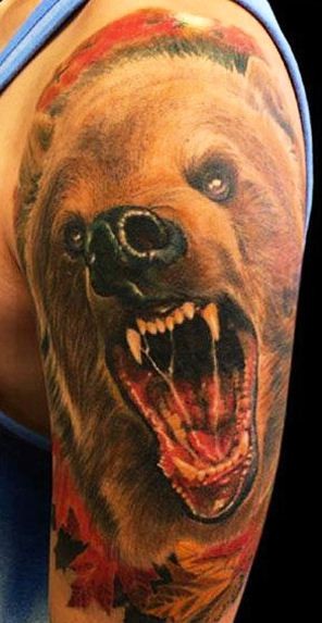 手臂写实的愤怒熊头像纹身图案