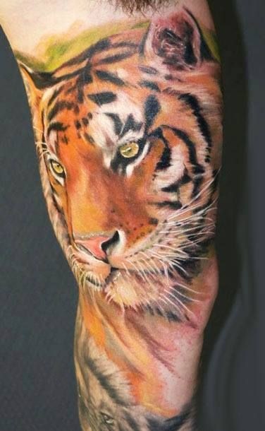 写实的彩绘老虎头像纹身图案