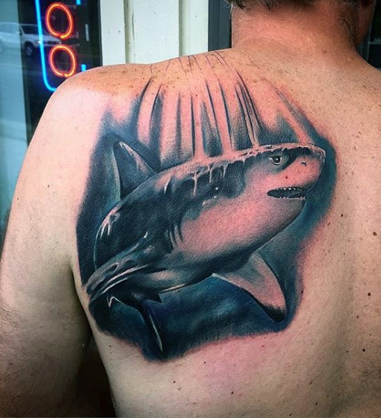 背部彩色写实风格的鲨鱼纹身图案