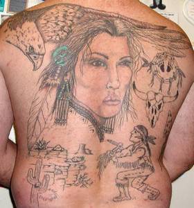 背部女孩和鹰与印第安人纹身图案