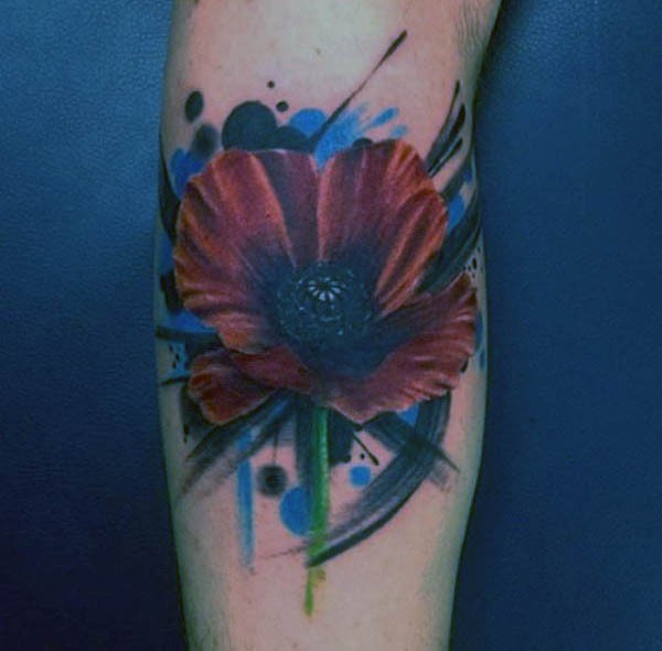 手臂彩色手绘的美丽花朵纹身图案
