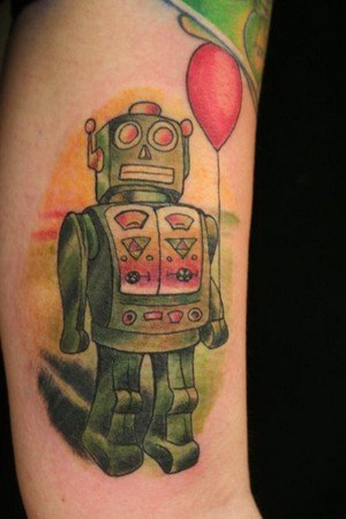 有趣的绿色机器人和红色气球手臂纹身图案