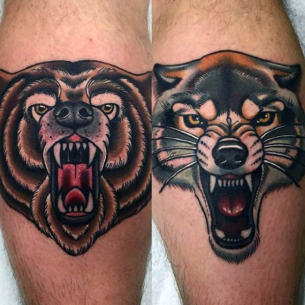 小腿old school彩色狼和熊头像纹身图案
