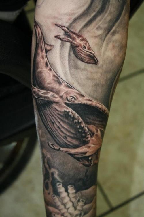 手臂上写实的海底鲸鱼纹身图案