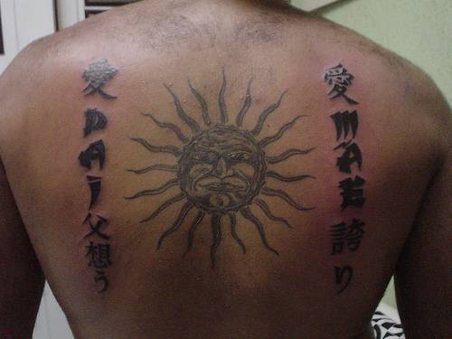 背部太阳图腾与字符纹身图案