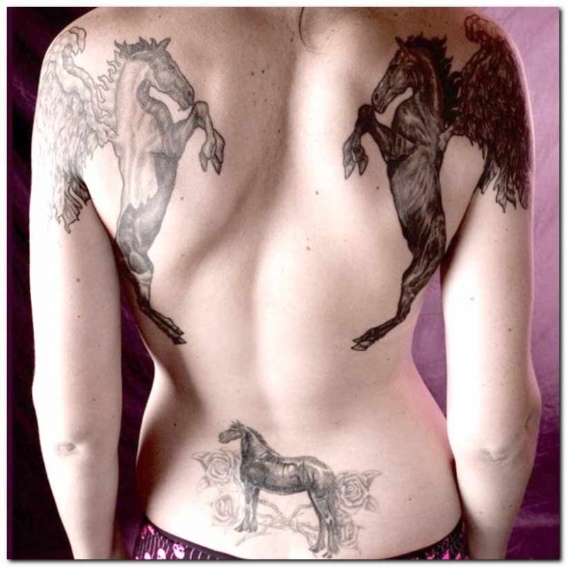 背部三匹马和翅膀纹身图案