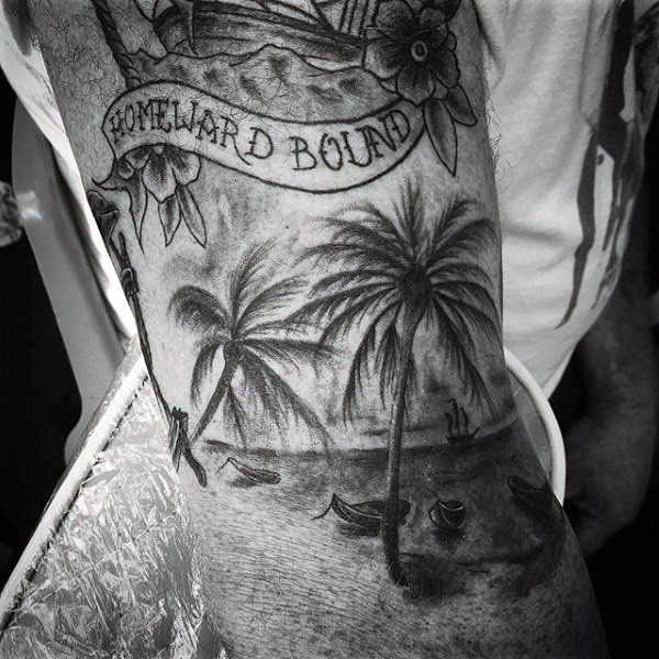 手臂海岸上的棕榈树字母黑色纹身图案