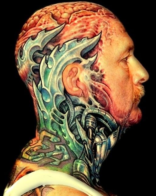 头部和颈部钢板机械和大脑纹身图案