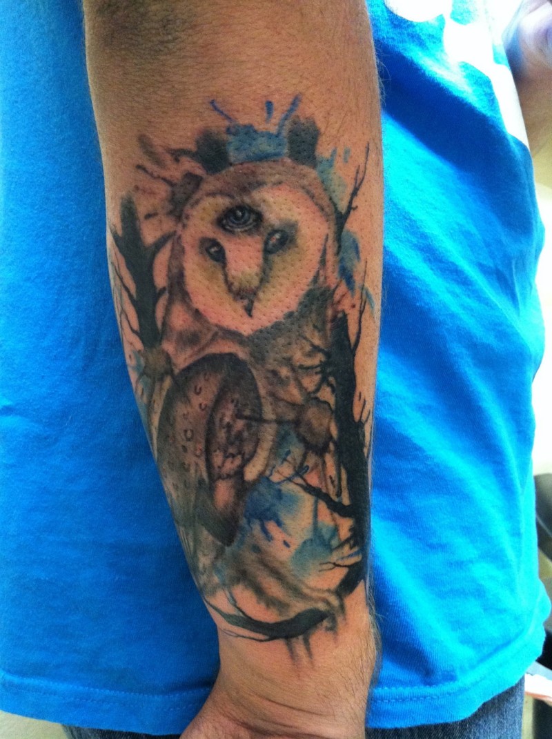 手臂水彩画风格猫头鹰纹身图案
