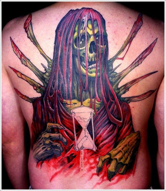 背部彩绘血腥的死神纹身图案