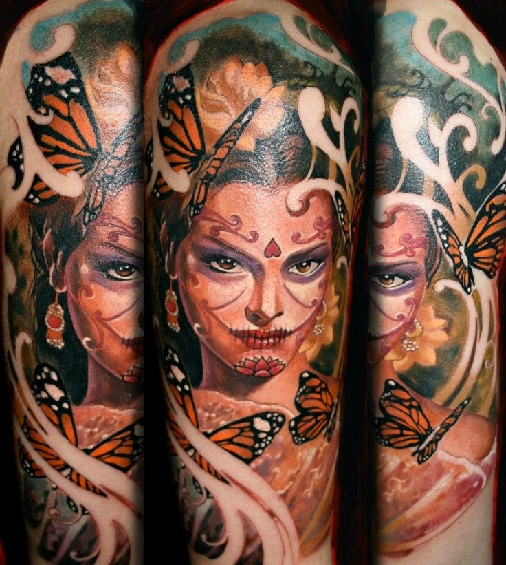 大臂插画风格彩绘蝴蝶与女人肖像纹身图案