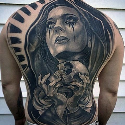 背部不可思议的黑白神秘女人与骷髅玫瑰纹身图案