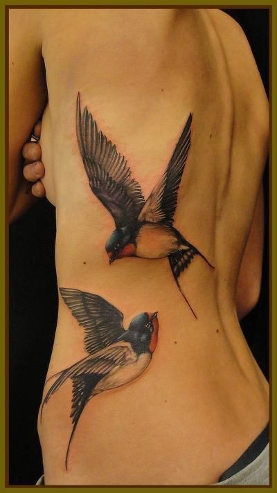 背部逼真的彩色燕子纹身图案