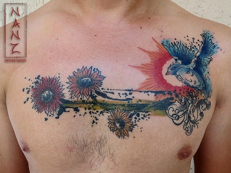 胸部华丽的水彩画风格野花小鸟纹身图案