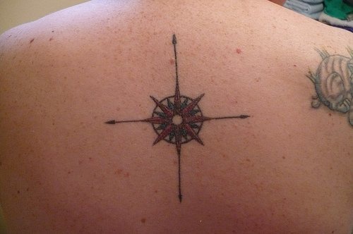 背部彩色的箭头指南针纹身图案