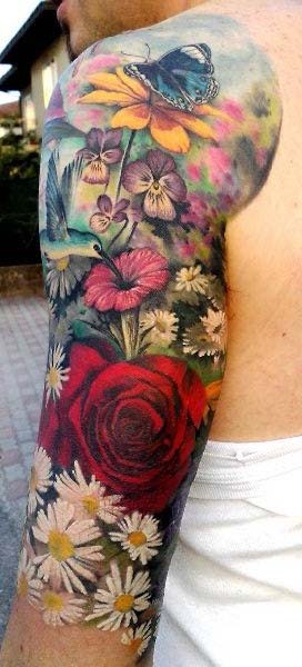 手臂丰富多彩的逼真鲜花蝴蝶纹身图案