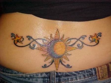 腰部太阳和月亮藤蔓彩色纹身图案