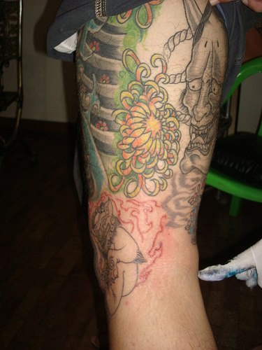大腿美丽的菊花般若纹身图案
