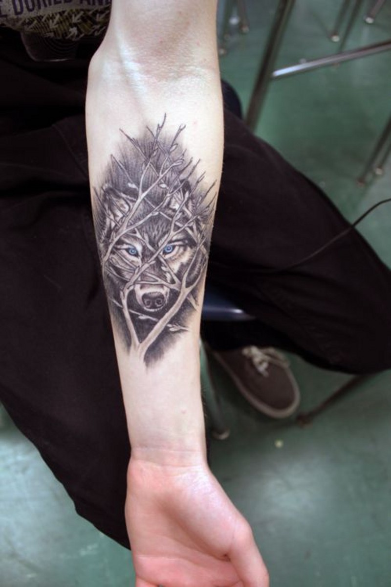 手臂黑灰狼和树枝纹身图案