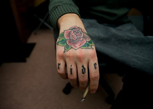 手背美丽的彩色玫瑰纹身图案
