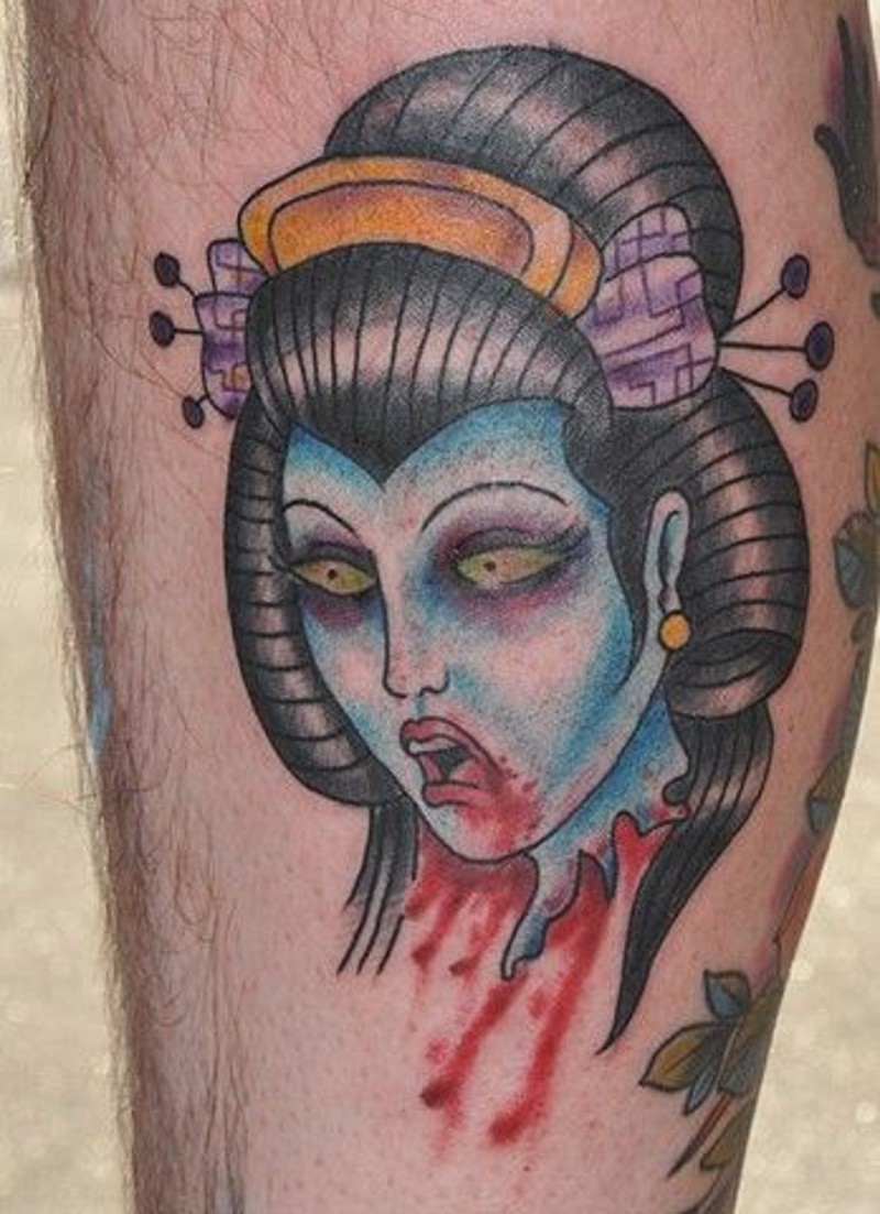 恐怖风格的彩绘艺妓生首纹身图案