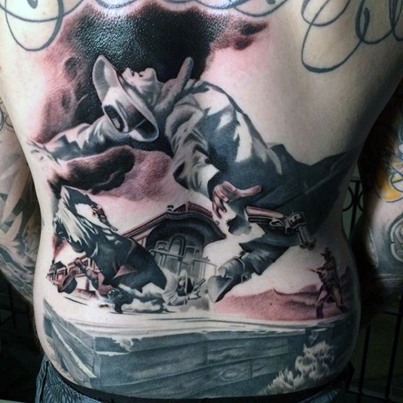 背部西部牛仔主题个性纹身图案