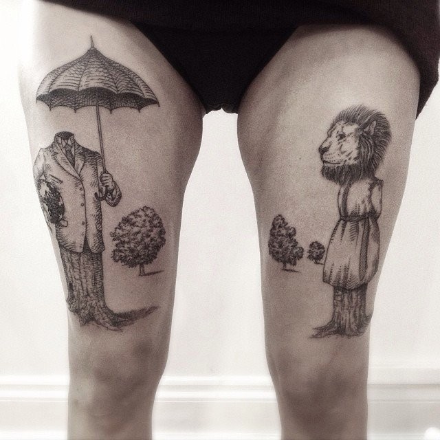 大腿奇怪的黑色狮子和树雨伞纹身图案