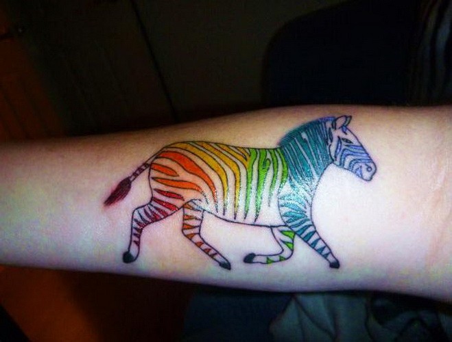 手臂上生动彩色的斑马纹身图案