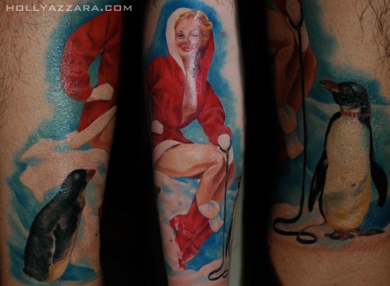 手臂性感女人滑雪与企鹅彩绘纹身图案