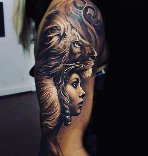 难以置信的写实狮子与女性手臂纹身图案