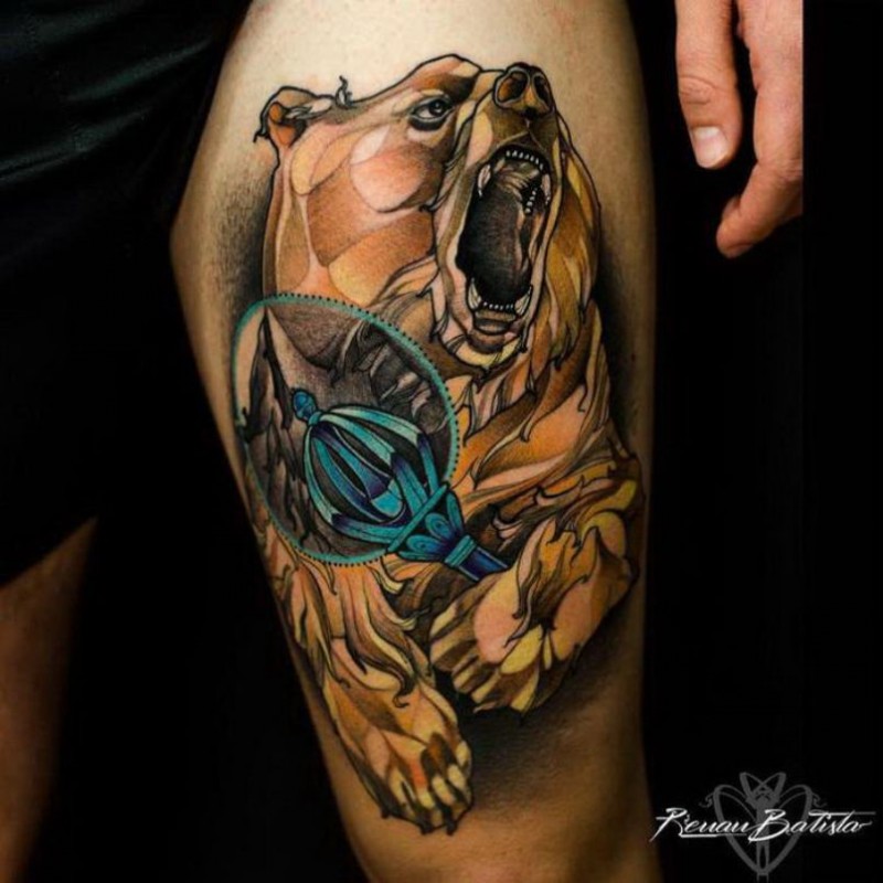 大腿现代风格彩色咆哮熊与魔术棒纹身图案