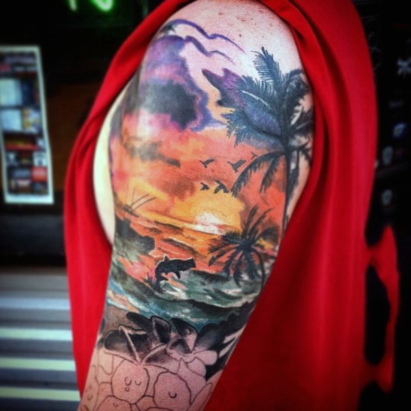 非常浪漫的彩色海洋日落与动物和棕榈树手臂纹身图案