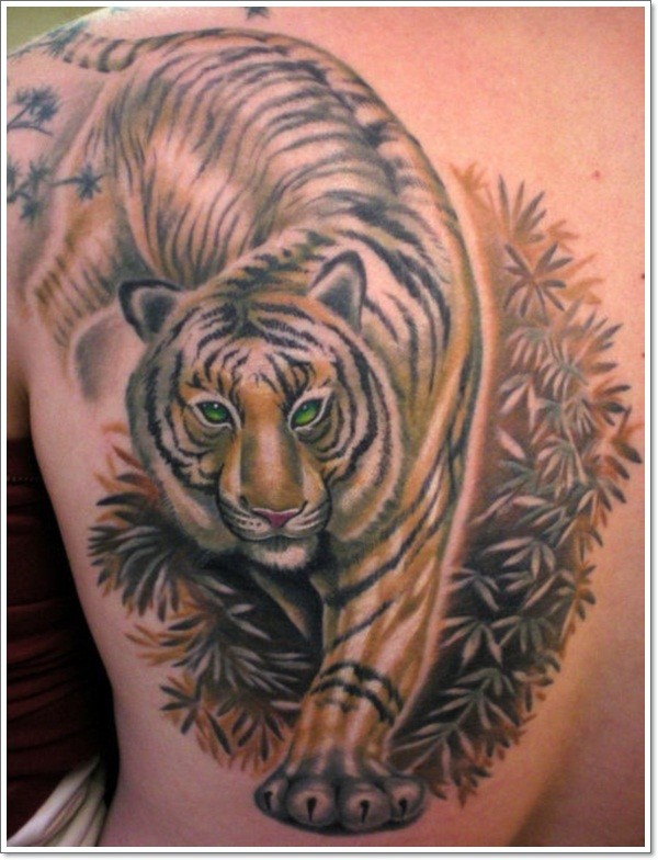 背部美丽的手绘彩色大老虎纹身图案