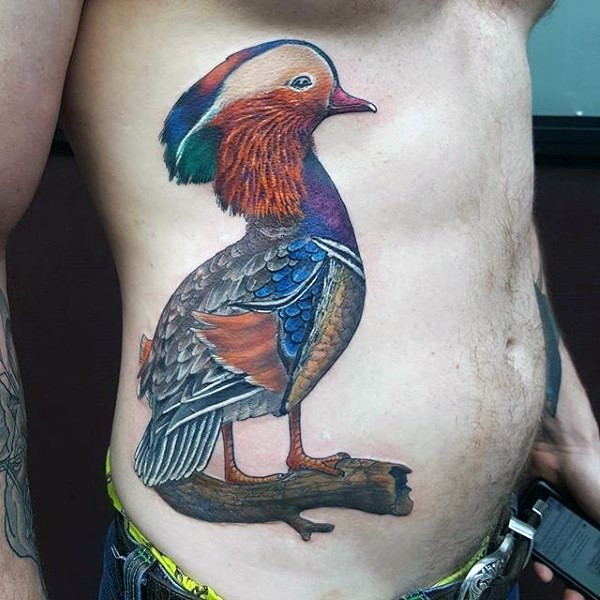 侧肋令人惊叹的彩色有趣鸟纹身图案