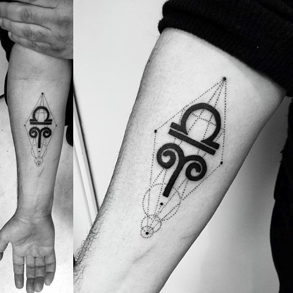 小臂神秘黑色几何与星座符号纹身图案