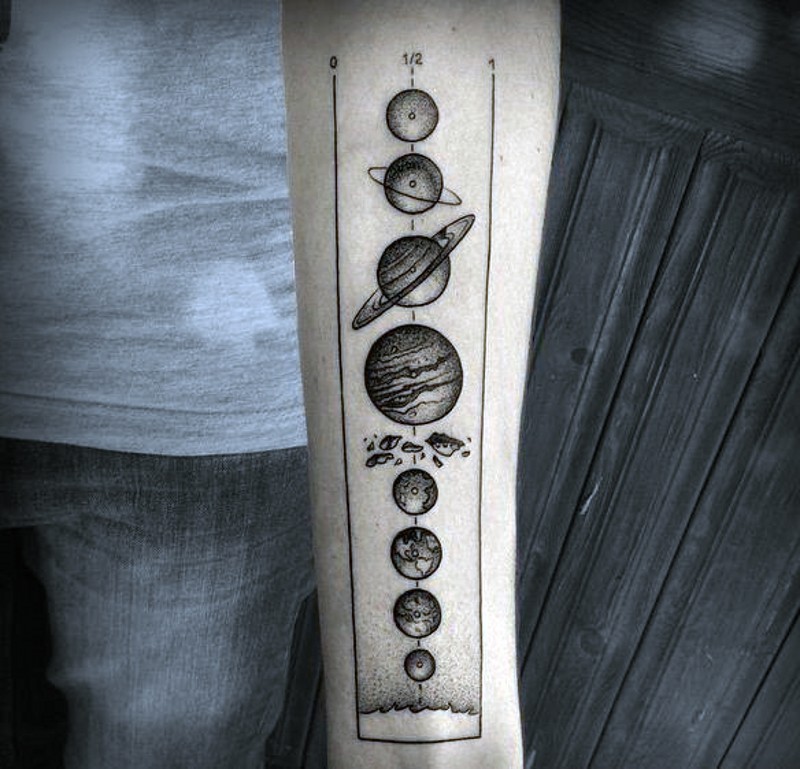 手臂上的科学风格黑白星球纹身图案