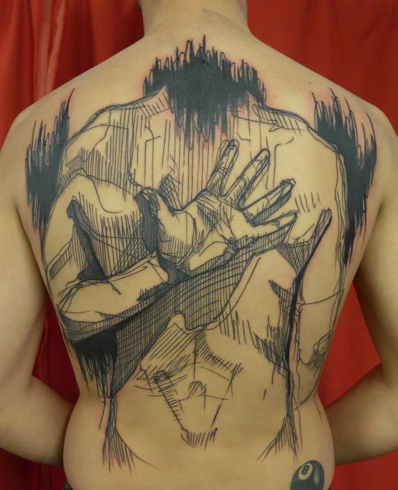 背部素描式的黑色线条人物纹身图案