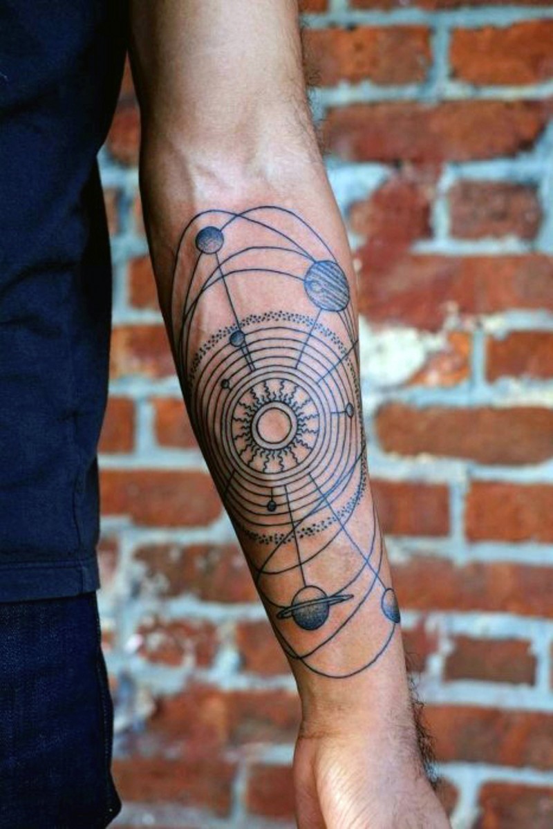 手臂科学风格的黑白太阳系纹身图案