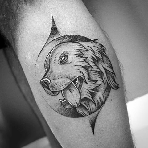 小腿非常漂亮的手绘黑色狗头像纹身图案