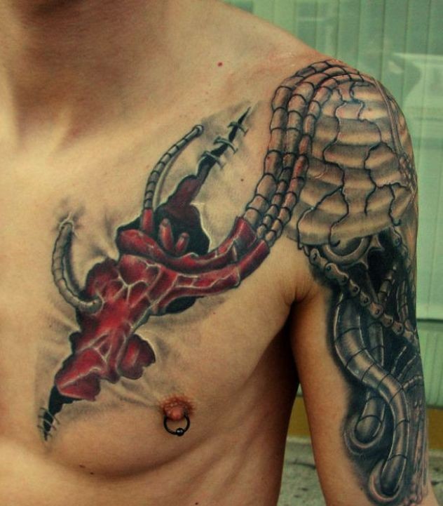 肩部章鱼心脏与机械彩绘纹身图案