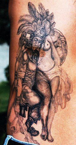 阿兹特克武士和裸体女人纹身图案