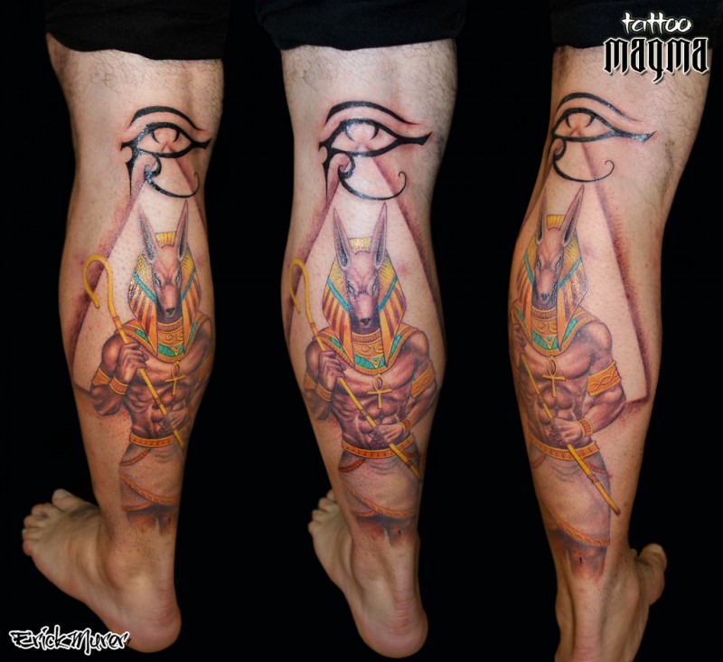 小腿炫彩阿努比斯神像纹身图案