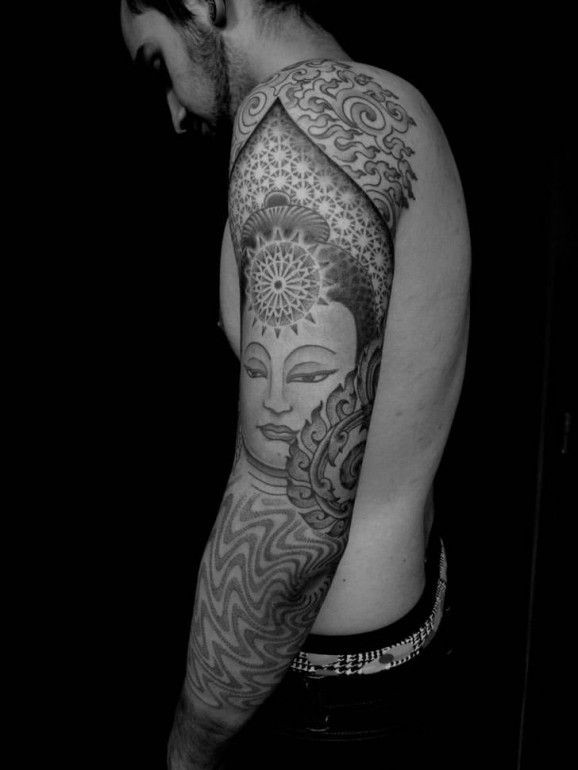 男性手臂宗教风格佛像纹身图案