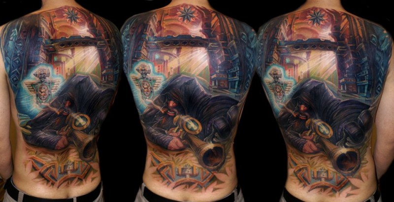 背部大型彩色幻想狙击手在城市纹身图案