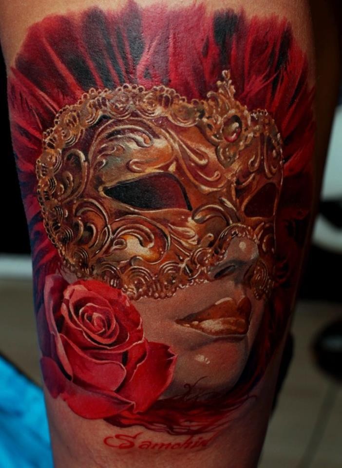 华丽漂亮的彩色女人面具玫瑰字母纹身图案